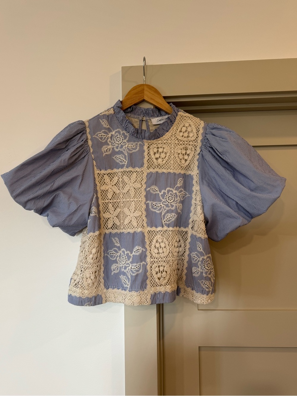 Callie Mac Blue Cream Crochet Patchwork Puff Sleeve Top
